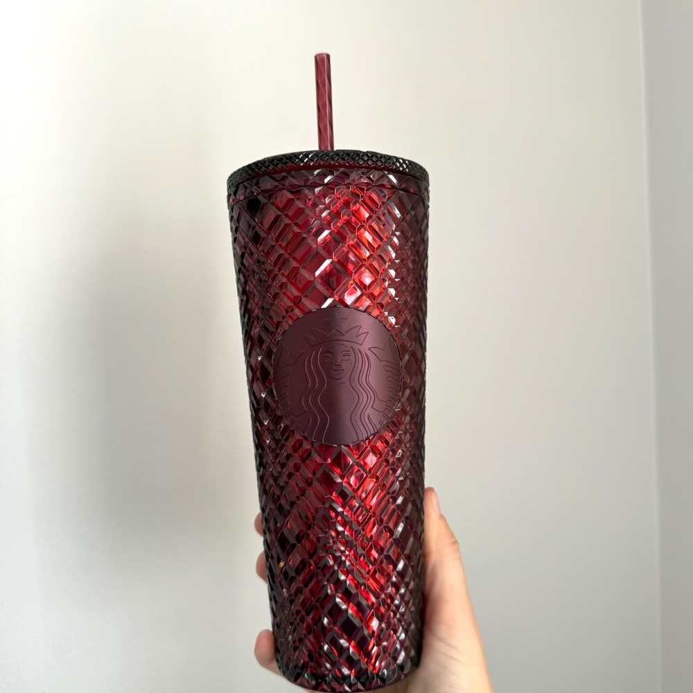 STARBUCKS 24oz Holiday 2022 Jeweled Merlot Burgundy Tumbler Cup Lid and Straw